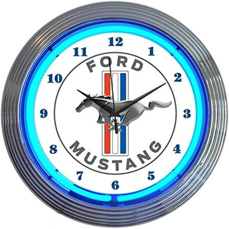 Classic ford Mustang Clock Blue Neon Glow 15-inch Diameter unique Americana Design Garage Wall Art Timepiece