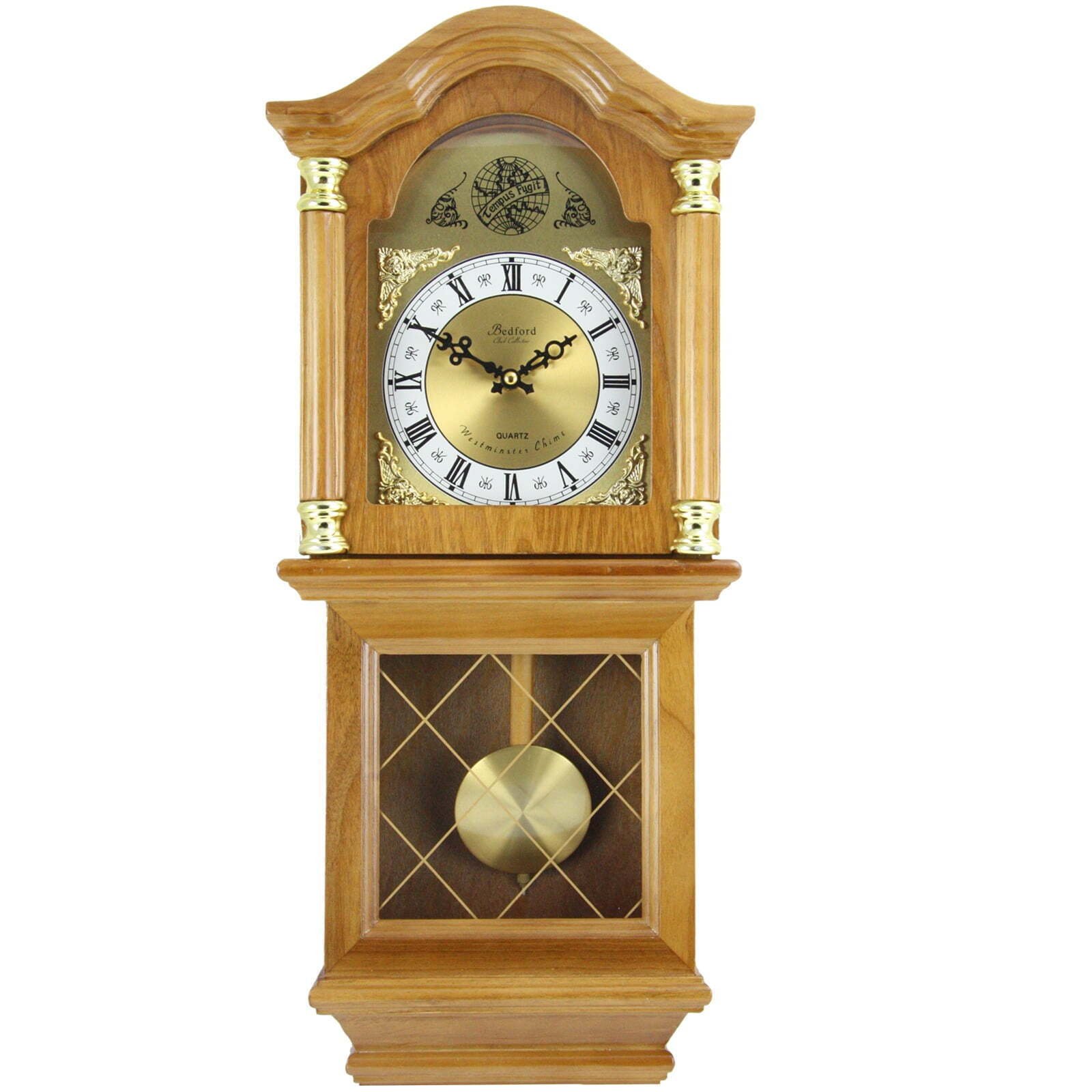 Classic Golden Oak Chiming Wall Clock With Swinging Pendulum Roman Numerals