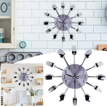 Clearance！ Creative Stainless Steel Metal Cutlery Wall Clock Fashion Kitchen Metal Silent Scan Wall Clock