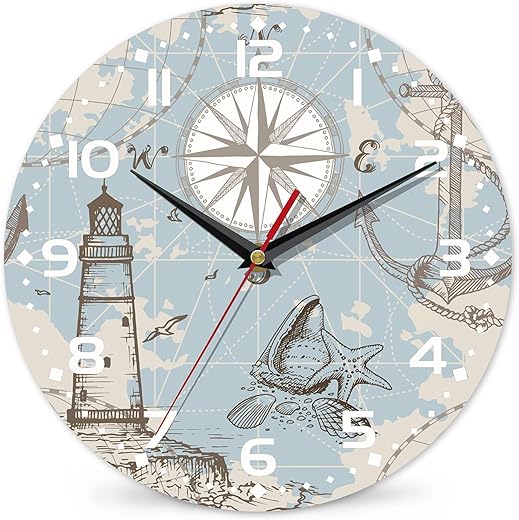 Clock for Living Room, Ship Steering Wheel and Anchor Wall Clock Silent Non-Ticking Battery Operated Clock 10 Inch, Home Decor for Living Room, Kitchen, Bedroom and Office