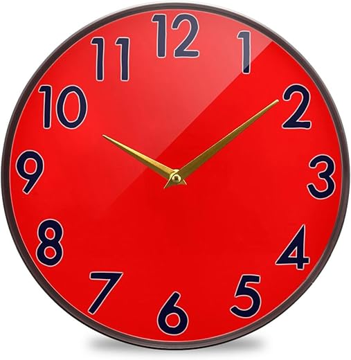 Clock Red Solid Round Wall Clock Battery Operated Silent Non Ticking Acrylic Bathroom Clocks for Living Room Decor 9.5 Inch 10