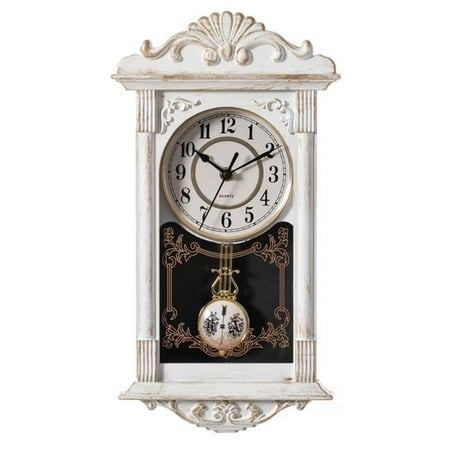 Clockswise Vintage Grandfather Wood- Looking Plastic Pendulum Wall Clock for Living Room, Kitchen, or Dining Room, White