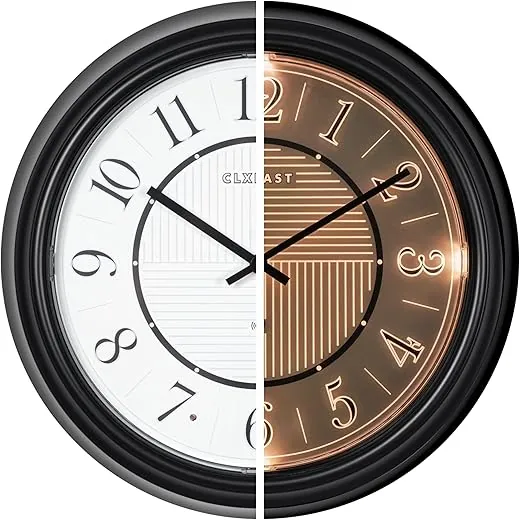 CLXEAST 14 Inch LED Illuminated Indoor Outdoor Atomic Analog Wall Clock Battery Operated, Glow in The Dark Wall Clock for Living Room, Home Office, Bathroom,Kitchen,Oil Rubbed Bronze Black Finish