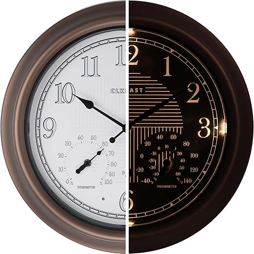 CLXEAST 18 Inch Illuminated Outdoor Indoor Atomic Analog Wall Clock with Temperature & Humidity, Lighted Outdoor Clocks for Patio Large Waterproof with Thermometer, Bronze Dark Brown Finish