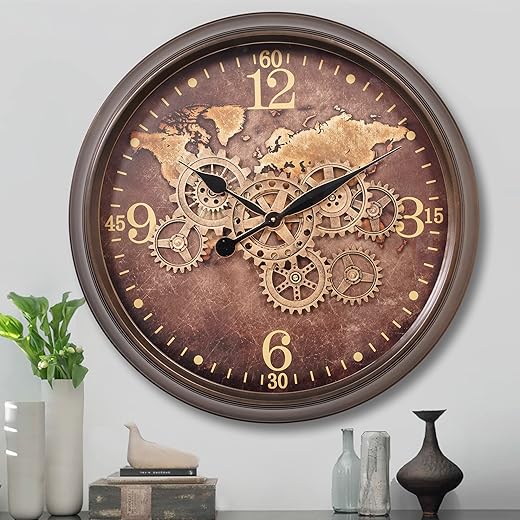 CLXEAST 24 Inch Large Wall Clock with Moving Gears, Industrial Decor Clocks with World Map Dial, Oversized Cool Wall Clock for Living Room Decor,Oil Rubbed Bronze Brown