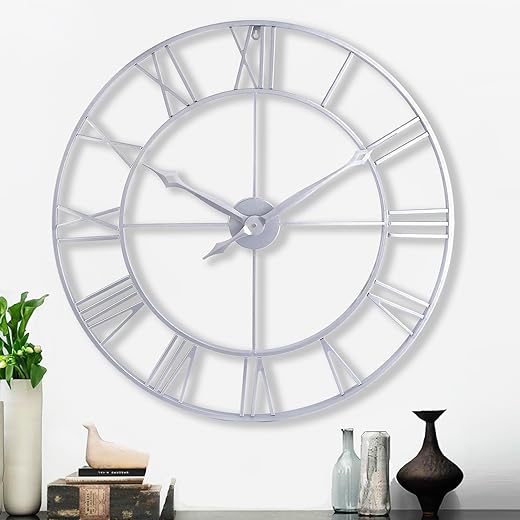 CLXEAST Large Modern 30 Inch Wall Clock Silver, Oversized Big Roman Numeral Metal Wall Clock, Battery Operated Quartz Wall Clocks for Living Room Decor, Home Office