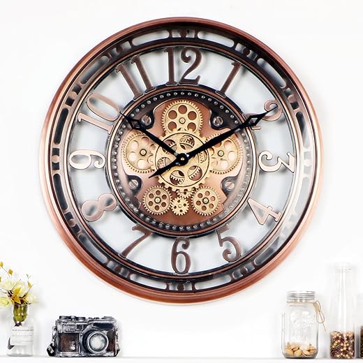 CLXEAST Moving Gear Wall Clock for Modern Farmhouse Living Room Decor,Large Industrial Steampunk Wall Clock,Metal Wall Clock Decorative for Home Office, Dinning Room,Copper (21 Inch)