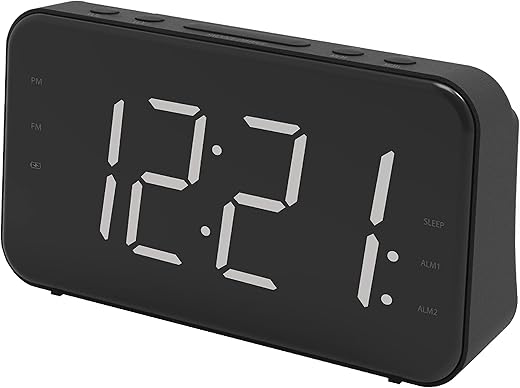 Coby Portable Travel Alarm Clock FM Radio, Dual Alarms with Snooze, Volume Control, Rechargeable Battery-Operated Clock, 12/24H, Easy-Read Oversize Dimmable Digital White LED Display, Battery Backup