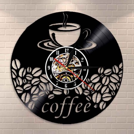 Coffee Bar Home Decor Coffee Bean Wall Art Hot Drink Steam Coffee Wall Clock Cafe Kitchen Vinyl Record Decorative Wall Clock