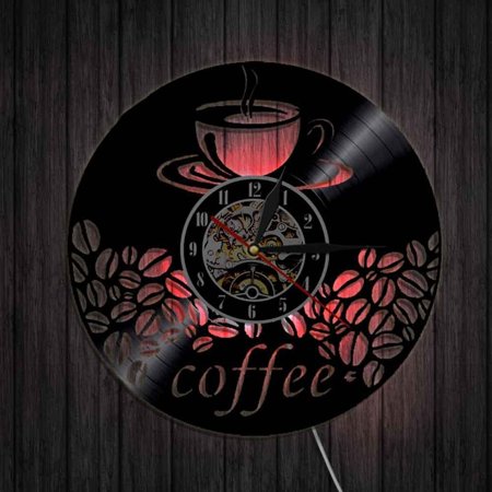 Coffee Bar Home Decor Coffee Bean Wall Art Hot Drink Steam Coffee Wall Clock Cafe Kitchen Vinyl Record Decorative Wall Clock