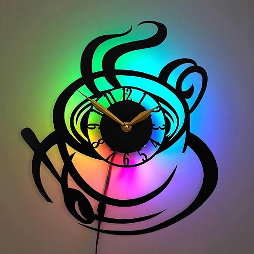 Coffee Cup Clock with Led Lights, Bar Wall Decorations, Gift Idea, Black Retro Vinyl Record, Coffee Shop Themed Decor for Modern Dining, Living Room or Kitchen, Art Decorations for Home