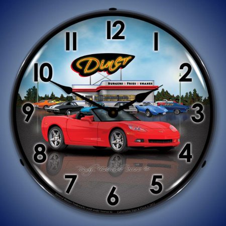 Collectable Sign and Clock C6 Corvette Convertible Diner LED Lighted Premium Wall Clock