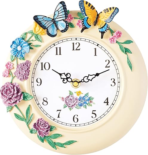 Collections Etc Hand-Painted Floral Butterfly Wall Clock