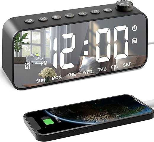 Colorful Digital Alarm Clock Radio, Small Clock Radio, with Mirror Surface, Dual Alarm, Snooze, FM Radio, Sleep Timer, USB Charging Port, Decor for Bedroom, Bedside, Office, Adult, Kid, Gift, Black