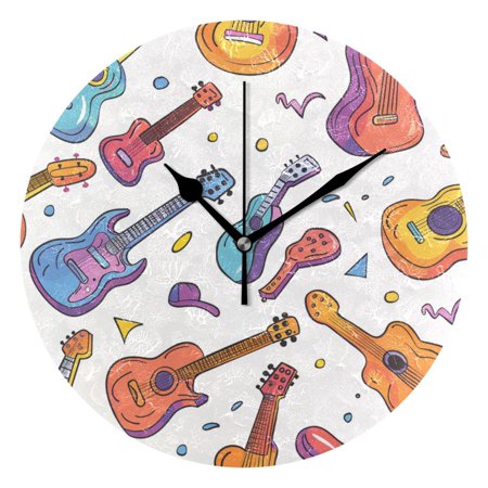 Colorful Guitars Cartoon Wall Clock Battery Operated Round Clock Black Pointer No Numbers Home Decor for Living Room Bedroom 9.84 Diameter