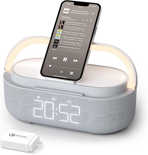 COLSUR 【2024 Newest Gift Alarm Clock Radio with Wireless Charger, Bluetooth Speaker, FM Radio, Bedside LED Night Light, Digital Alarm Clock for Bedroom, Home, 2500mAh Battery, Adaptor