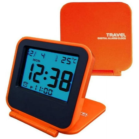 Compact Digital Travel Alarm Clocks,Battery Operated Small Travel Clock With Night Light,Portable Folding Mini Pocket Temperature Clock,Easy To Set And Read,Calendar,Snooze,Backlight (Orange)