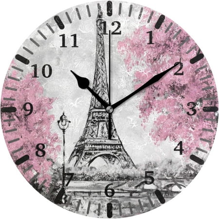 Coolnut Vintage Paris Eiffel Tower and Pink Tree Round Wall Clock Mute Living Room Bathroom Kitchen School, Black 9.9 inches Home Decor