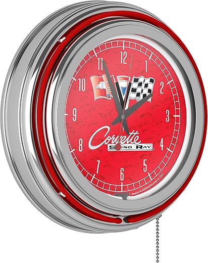 Corvette C2 Red Chrome Double Ring Neon Clock