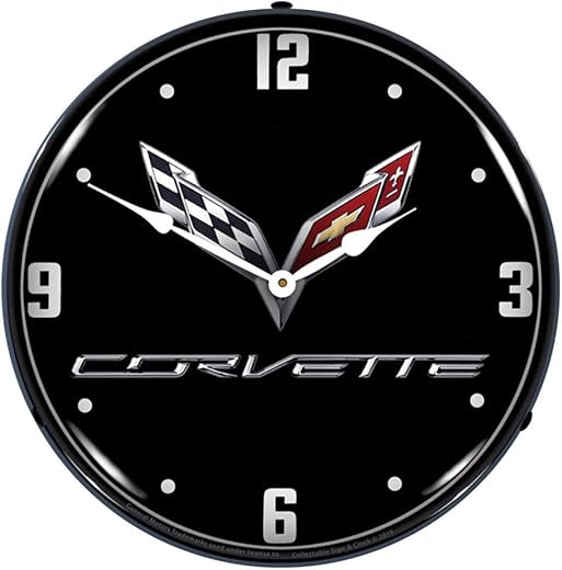 Corvette C7 Black Tie LED Wall Clock, Retro/Vintage, Lighted, 14 inch