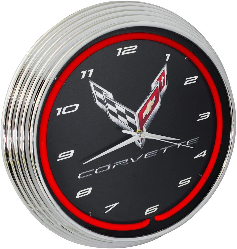 Corvette C8 Next Generation Red Neon Clock 15 Inch Diameter with Chrome Rim and Red Glass Tube - 8CORV8