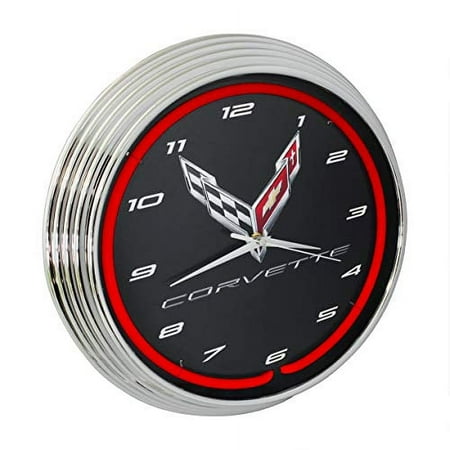 Corvette C8 Next Generation Red Neon Clock 15 Inch Diameter with Chrome Rim and Red Glass Tube - 8CORV8