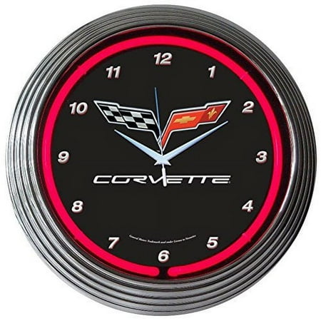 Corvette GM C6 Genuine Electric Neon 15 Inch Wall Clock Glass Face Chrome Finish USA Warranty