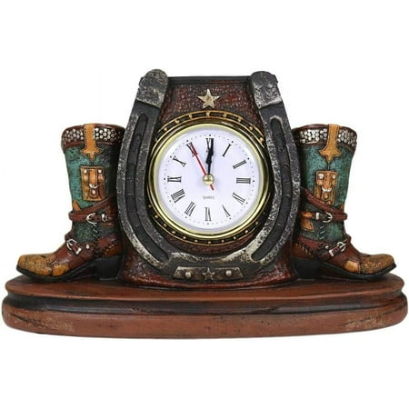 Country Western Star Horseshoe Faux Tooled Leather Turquoise Boots Designer Resin Analog Desktop Table Clock 9.25 Long Decorative Home And Office Rustic Accent