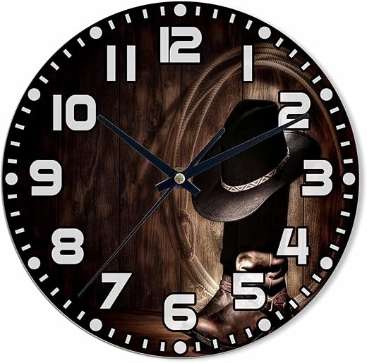 Cowboy Gear wall clock 10 inch round Black Felt Hat Leather Boots Silent Non Ticking Wood Wall Clocks Battery Operated Easy to Read Decorative Wall Clock for Bedroom Kitchen Living Room Bathroom