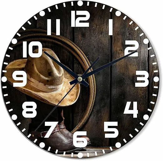 Cowboy Hat Wall Clock Battery Operated Cowboy Boots and Lariat Wall Clock Silent Non Ticking Quality Quartz 10 Inch Round Easy Clock to Read for Home Office