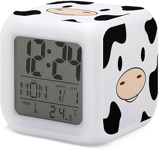 Cow Print Alarm Clock for Kids 7 LED Color Changing Wake Up Clock Home Decor Alarm Clock for Boy Girl Bedroom Digital Alarm Clock with Temperature Display