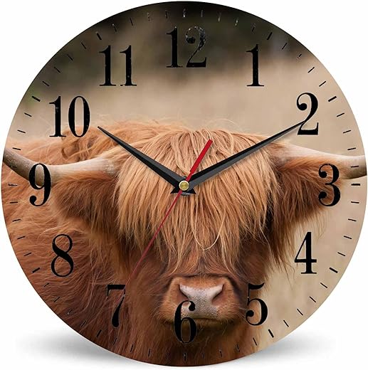 Cow Wall Clock Brown Highland Cattle Cow Animal Farming Countryside 10 Inch Silent Non Ticking Battery Operated Clock Vintage Round Clock for Living Room Bedroom Bathroom Office Decor