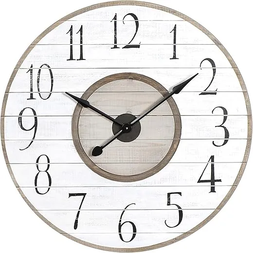 Creative Co-Op Round Wood Slat Wall Clock with Distressed Finish, White and Brown