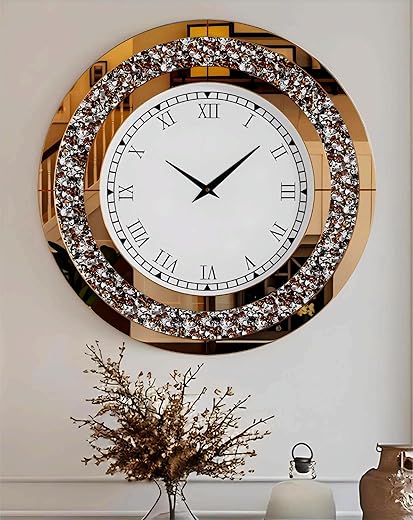 Crushed Diamond Wall Clock: 24 inch Round Decorative Mirrored Clock with Brown Glass Beveled Mirror Edge Frame and Bling Diamonds, Art Deco Home Modern Decoration for Livingroom