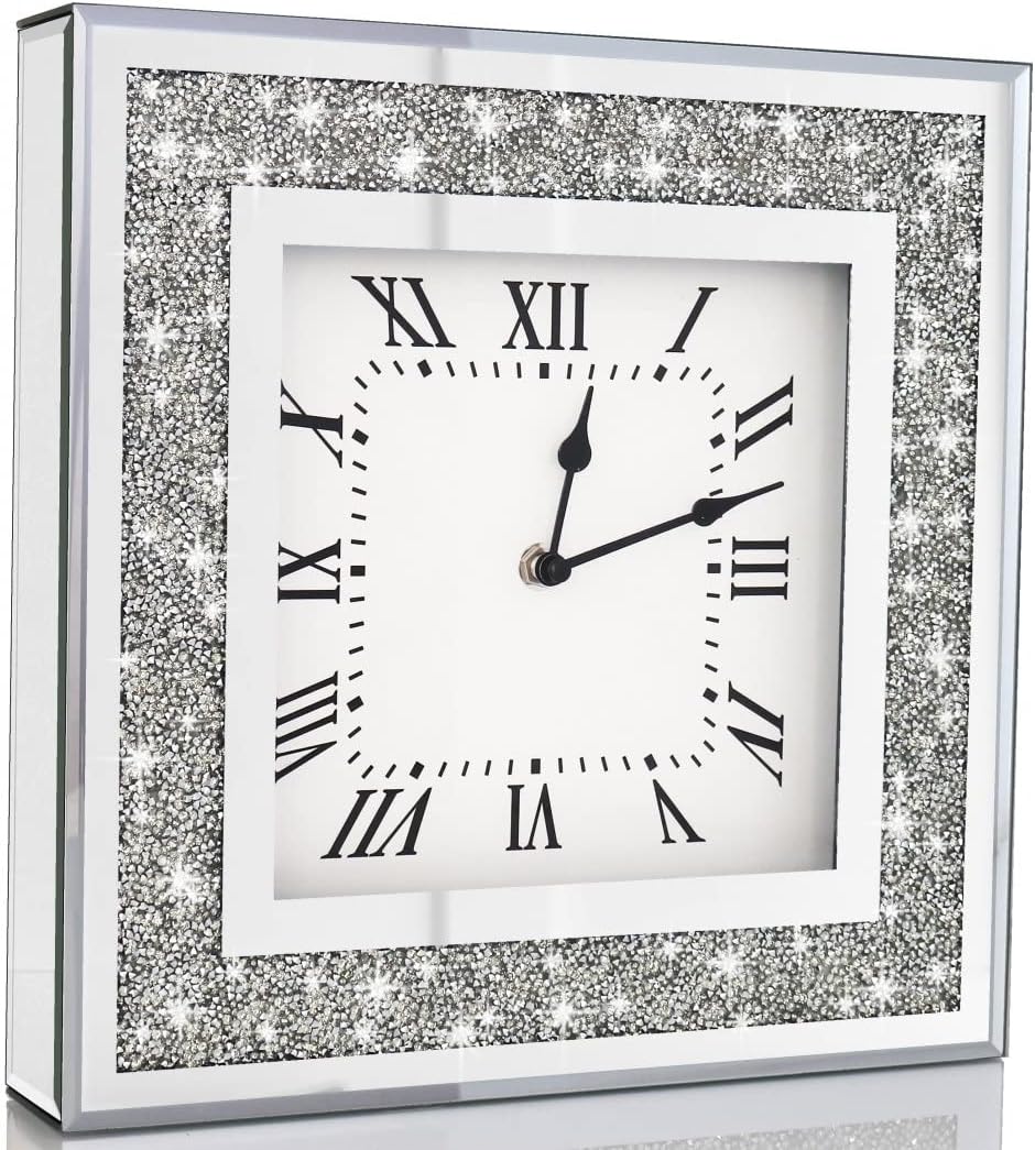 Crystal Crush Diamond Mirrored Square Wall Clock with Sparkle Twinkle Bling Diamond Decor for Wall Decoration, 12x12inch Decorative Silver Mirror Quartz Clock for Home Decor. AA Battery not included