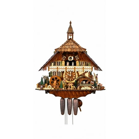 Cuckoo Clock Black Forest House Hasenmichelhof, moving rabbits and moving mill wheel