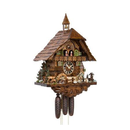 Cuckoo Clock Black Forest house with Forest scene and moving hunter and turning mill-wheel