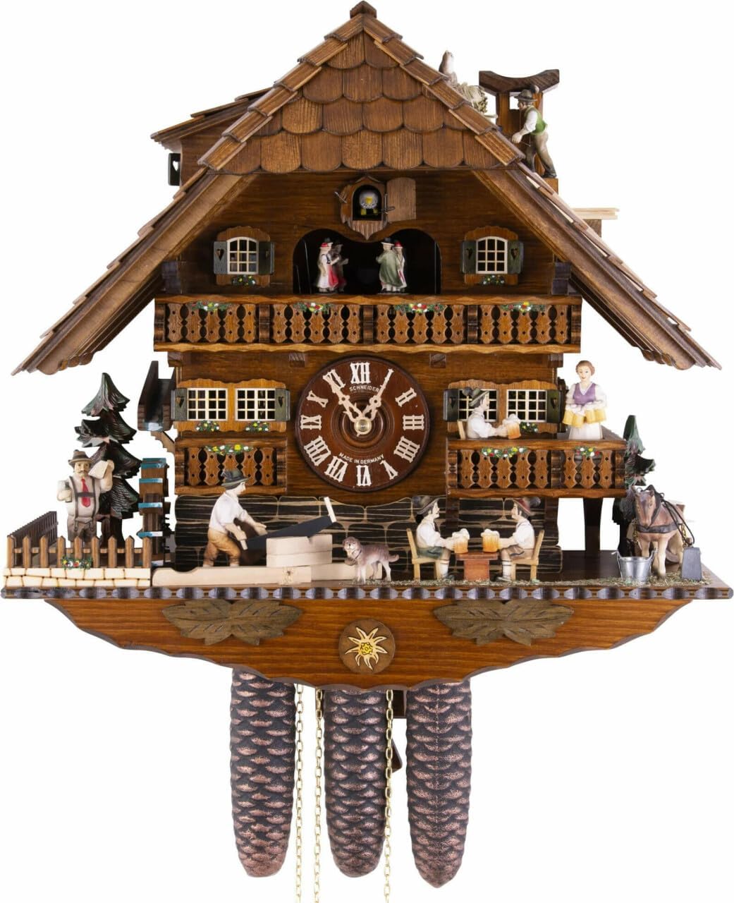 Cuckoo Clock Black Forest House with Moving Beer Drinkers and Mill Wheel