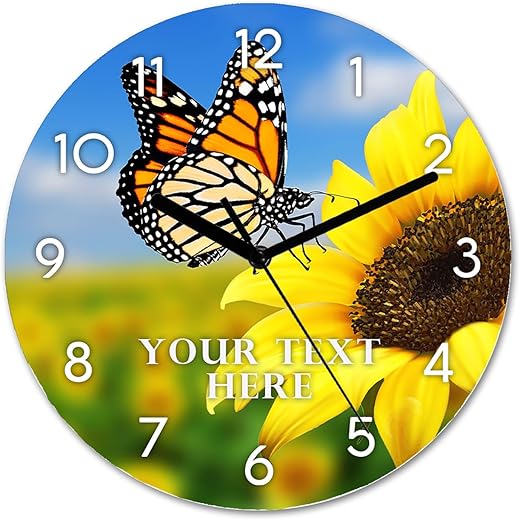 Custom 11.6 Beautiful Sunflower Butterfly Wall Clock Silent Battery Operated Round Clock Personalized Country Style Wall Clocks Easy to Read Classic Clock for Home Office Kitchen Living Room Decor