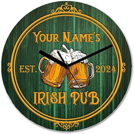 Custom Irish Pub Wall Clock 11.6 Inch Personalized Silent Non-Ticking Wooden Clock Farmhouse Clock for Wall Easy to Read Rustic Wall Clock for Living Room Kitchen Bathroom