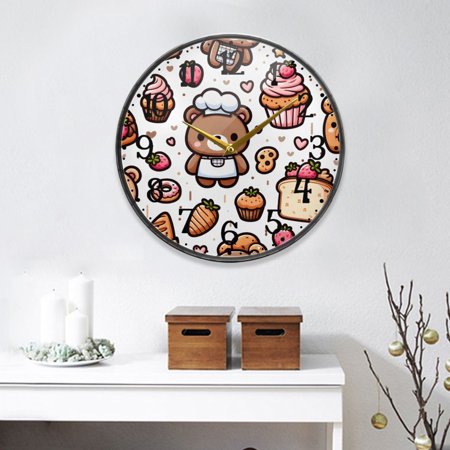 Cute Bear Chef with Bread Round Wall Clock 9.5 Inch Non-Ticking Silent Battery Operated Clock for Home Kitchen Office School Decor