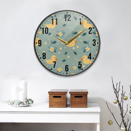 Cute Little Duck and Flowers Round Wall Clock 9.5 Inch Non-Ticking Silent Battery Operated Clock for Home Kitchen Office School Decor