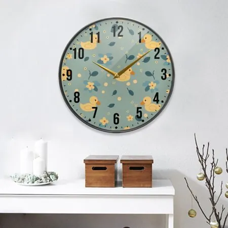 Cute Little Duck and Flowers Round Wall Clock 9.5 Inch Non-Ticking Silent Battery Operated Clock for Home Kitchen Office School Decor