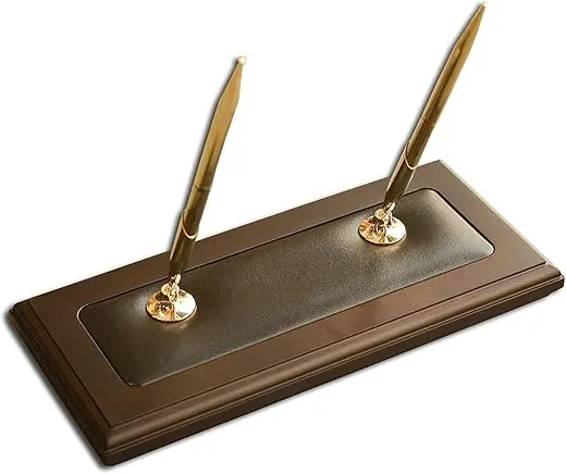 Dacasso Walnut & Leather Double Holder Luxury Stand with Rolling Ball Elegant Pen Organizer & Executive Desk Decor-(3 Piece Set)