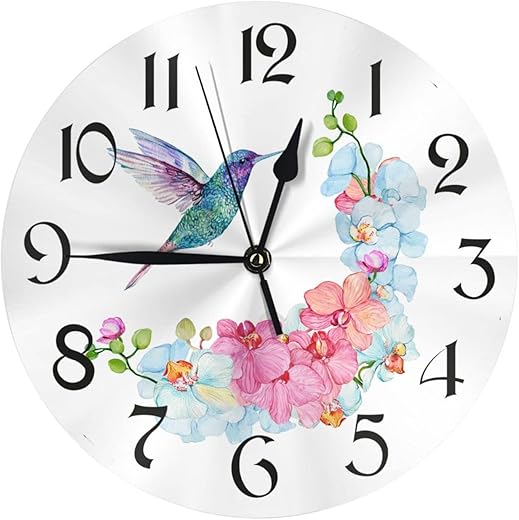 DADABULIU Wall Clock Spring Flower Humingbird Floral Silent Non-Ticking 10 Inch Round Clocks Battery Operated Quartz Analog for Living Room Kitchen Bedroom Bathroom Office Home School Decor