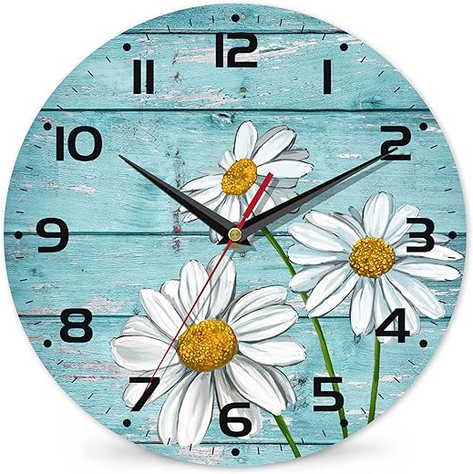 Daisy Flowers Wall Clock Vintage Wooden Wall Clock Silent Non-Ticking Battery Operated Arabic Numerals Wall Clocks Decorative for Kitchen, Office, Classroom 10 Inch