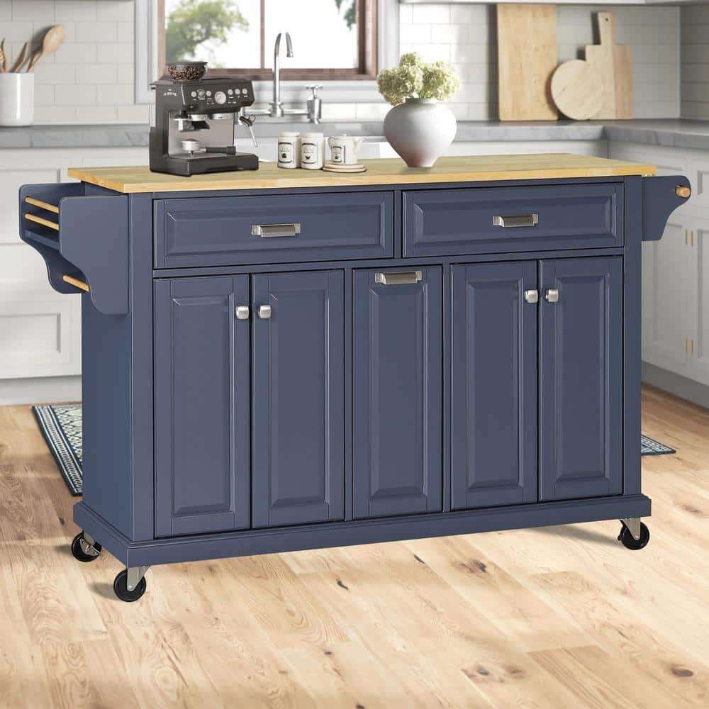 Dark Blue Cambridge Natural Wood Top 60.5 in. W Kitchen Island with...