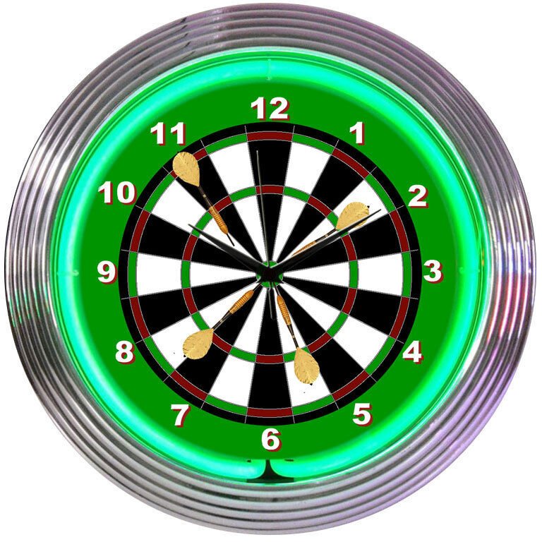 Darts Dart Board Neon Clock sign feathers Game room wall lamp Gameroom