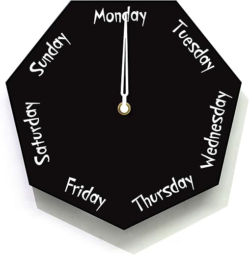 Day of The Week Clock - Heptagon Black Wall Clock - Days Countdown Clock - Weekly Clock - Retirement Gift - Fun Clock Gift - Office Clock - Optional RGB LED 5V Backlit