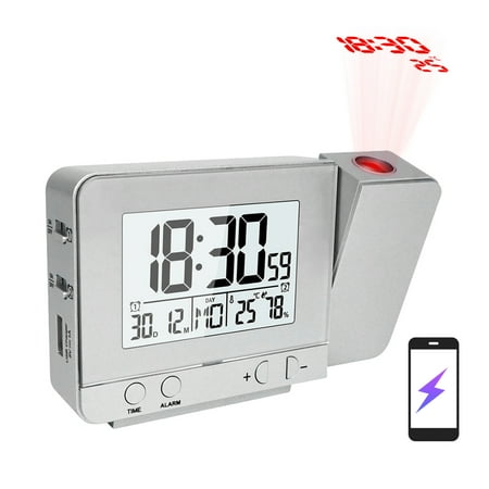 Dcenta Projection Alarm Clock For Bedroom With Thermometer Hygrometer Digital Project Ceiling Clock Dimmable Led Display With Usb 180°Rotable With Dual Alarms 12/24H Snooze